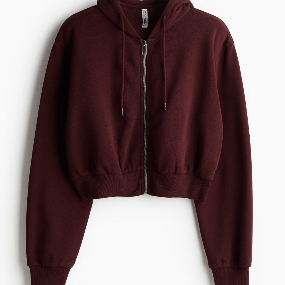 H&M Cropped Zip-Up Hoodie – Burgundy